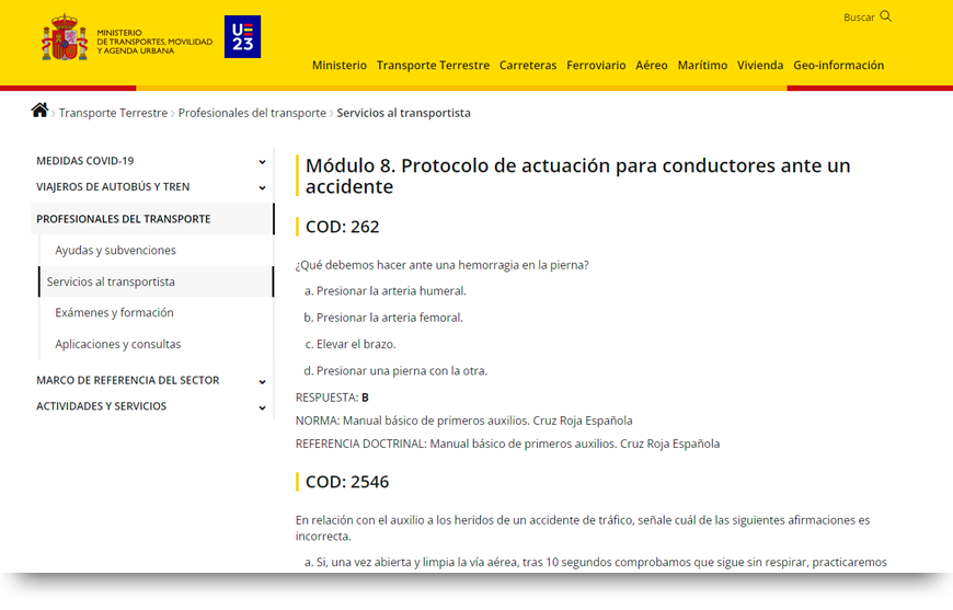web MINISTERIO DE TRANSPORTES, MOVILIDAD Y AGENDA URBANA. Protocolo de actuación para conductores ante un accidente. (Preguntas y respuestas)