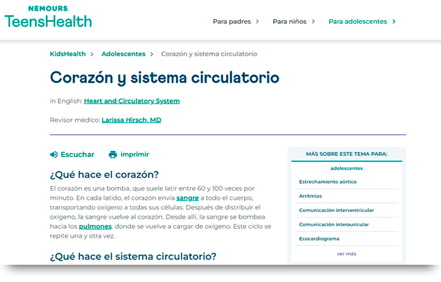 web KIDSHEALTH. Corazón y sistema circulatorio